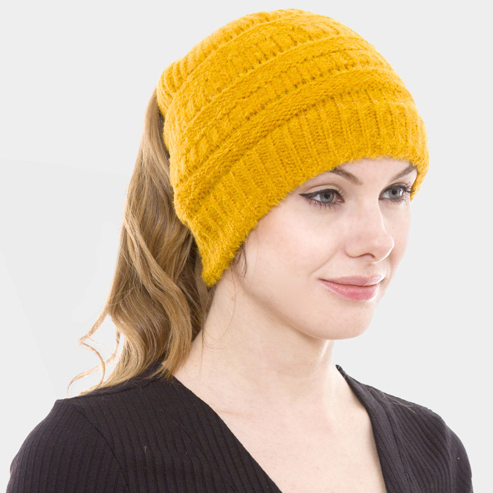 Yellow Cable Knit Ponytail Beanie Hat