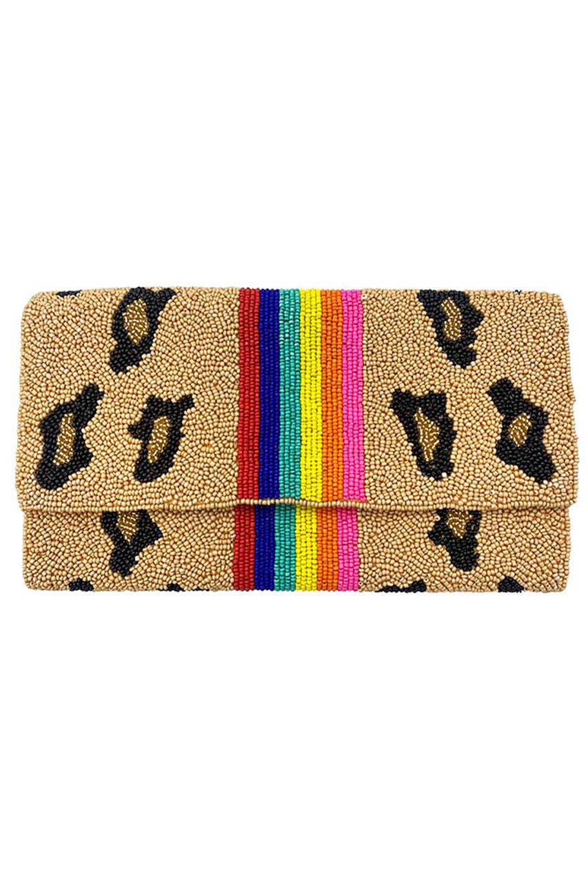 Center Rainbow Stripe Glass Beads Clutch is a meticulously designed accessory featuring vibrant, multicolored glass beads arranged in a striking striped pattern. This expertly crafted clutch offers a compact yet practical size, perfect for carrying essentials while adding a refined splash of color to any outfit. Ideal for formal occasions or stylish evenings, it combines durability with elegant design to enhance your look with a unique, artistic touch.