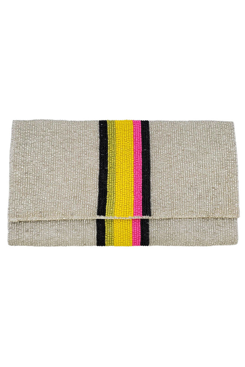 Center Rainbow Stripe Glass Beads Clutch is a meticulously designed accessory featuring vibrant, multicolored glass beads arranged in a striking striped pattern. This expertly crafted clutch offers a compact yet practical size, perfect for carrying essentials while adding a refined splash of color to any outfit. Ideal for formal occasions or stylish evenings, it combines durability with elegant design to enhance your look with a unique, artistic touch.