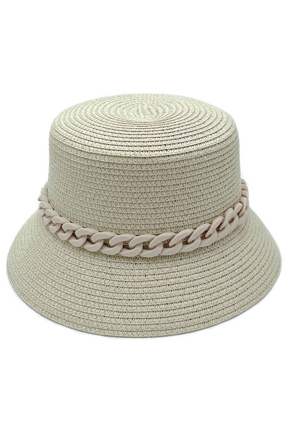 Beige CHAIN BAND STRAW BUCKET HAT features an integrated chain band detail that creates a sophisticated tension between natural and metallic elements. The specialized weave density provides UPF protection while maintaining optimal breathability through strategically placed ventilation points. Its ergonomically designed interior ensures a consistent fit across head sizes, while the calculated brim curvature delivers maximum facial coverage without distorting peripheral vision—an exemplary balance of technica