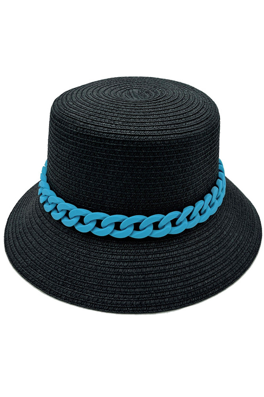 Black CHAIN BAND STRAW BUCKET HAT features an integrated chain band detail that creates a sophisticated tension between natural and metallic elements. The specialized weave density provides UPF protection while maintaining optimal breathability through strategically placed ventilation points. Its ergonomically designed interior ensures a consistent fit across head sizes, while the calculated brim curvature delivers maximum facial coverage without distorting peripheral vision—an exemplary balance of technica