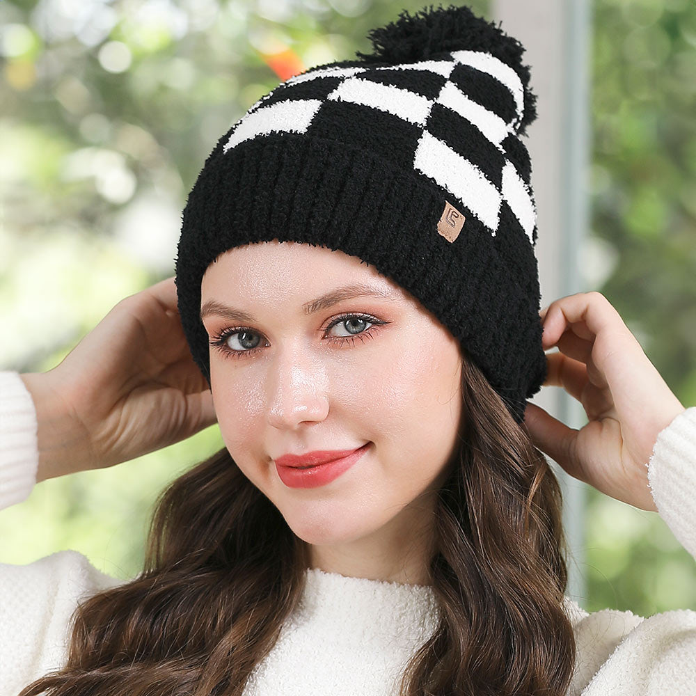 Black Checkered Beanie with Pom Pom 