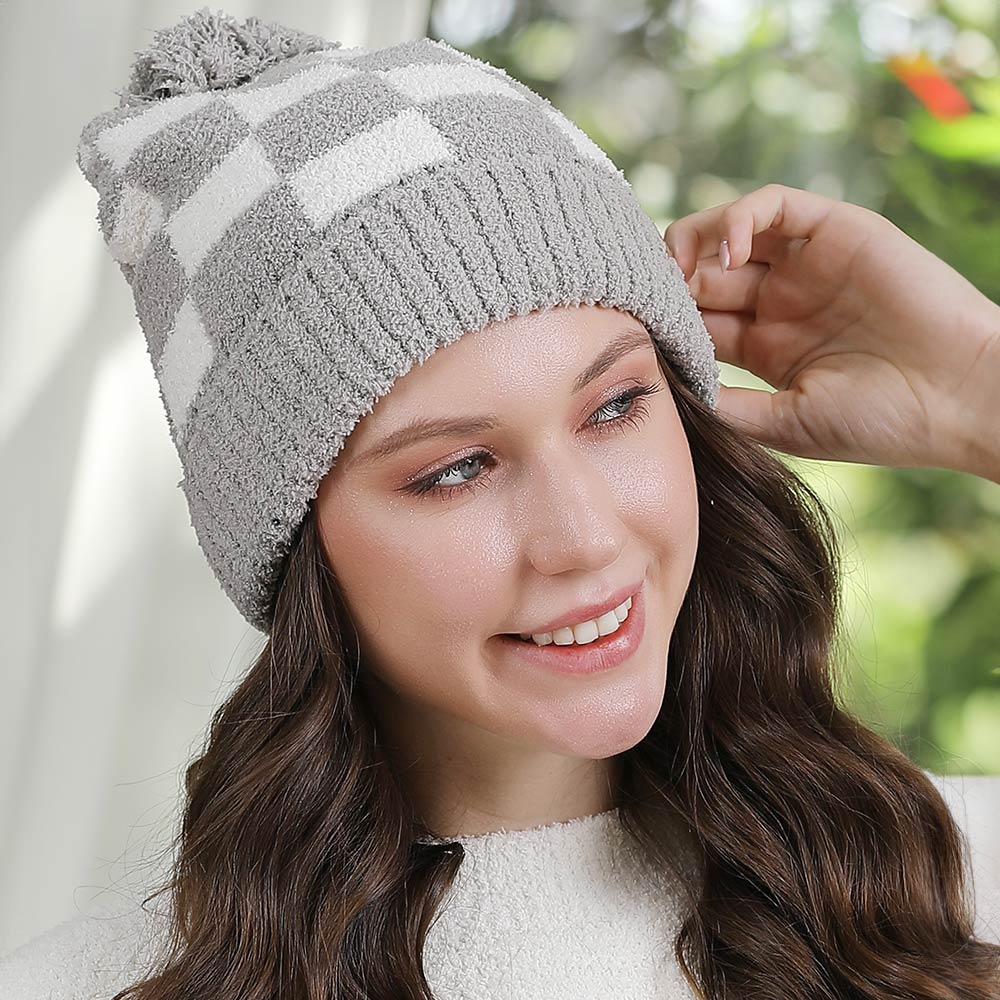 Gray Checkered Beanie with Pom Pom 