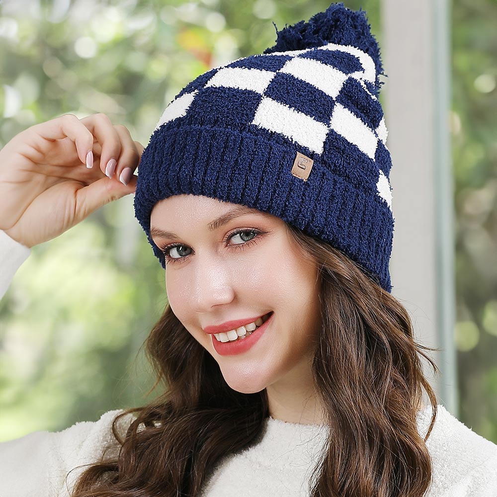 Navy Checkered Beanie with Pom Pom 