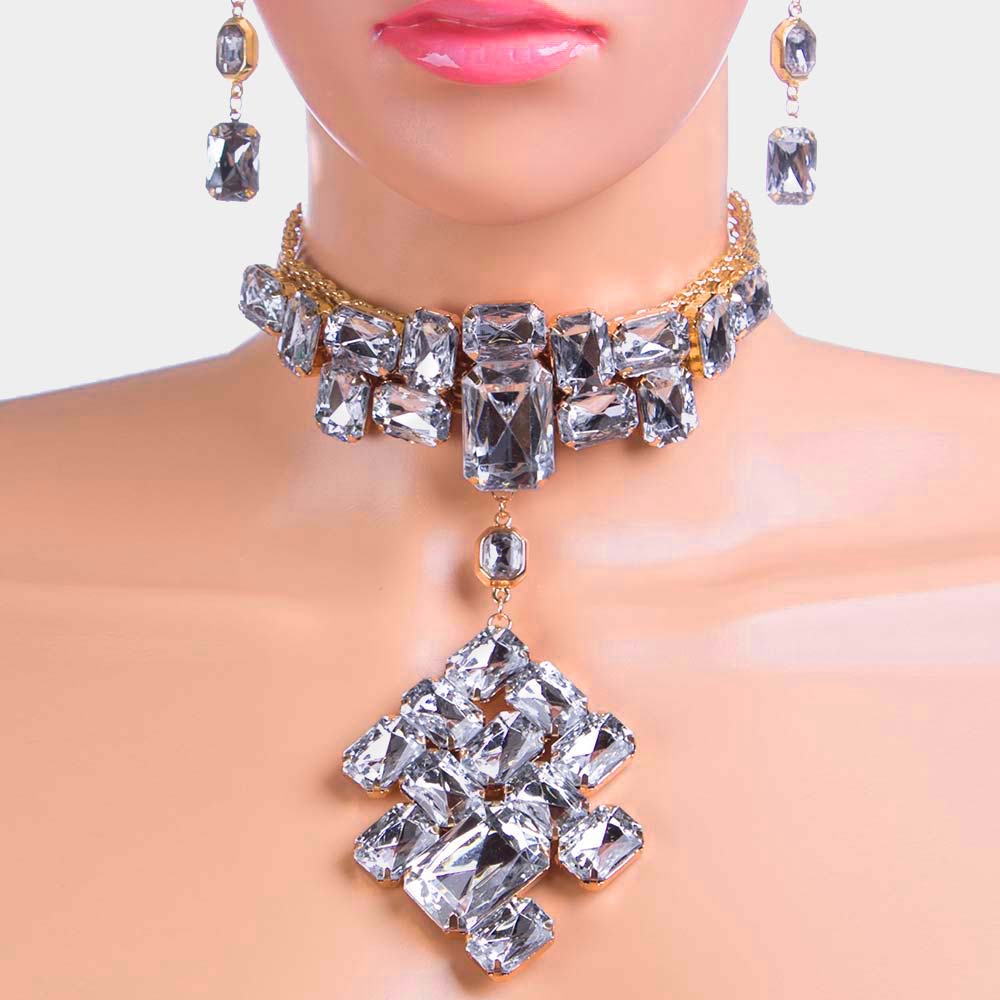 Clear, Gold Chunky Rectangle Stone Cluster Choker Necklace