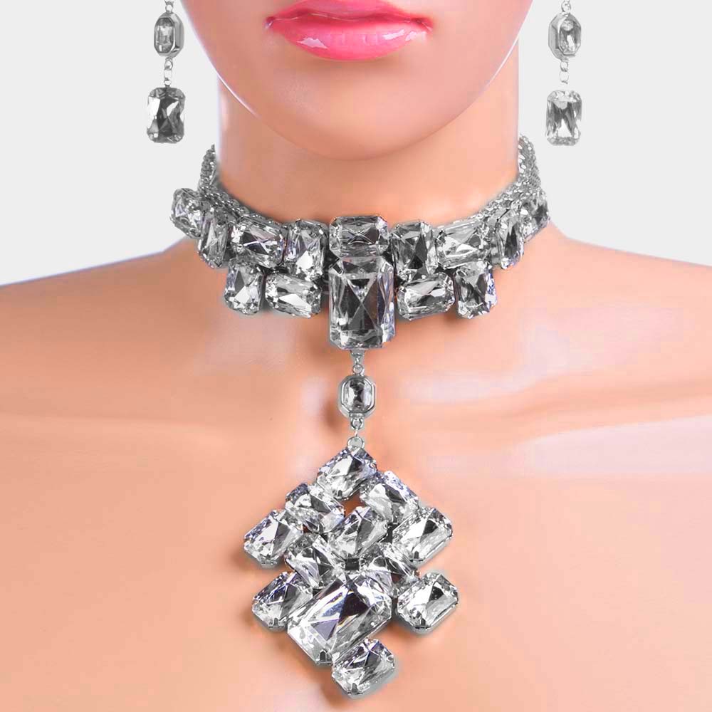 Clear, Rhodium Chunky Rectangle Stone Cluster Choker Necklace