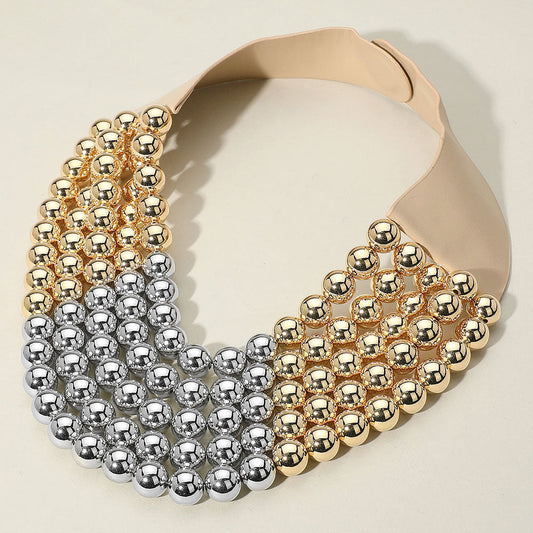 Gold, Rhodium Chunky Two Tone Metal Ball Beaded Multi Layered Faux Leather Magnetic Necklace