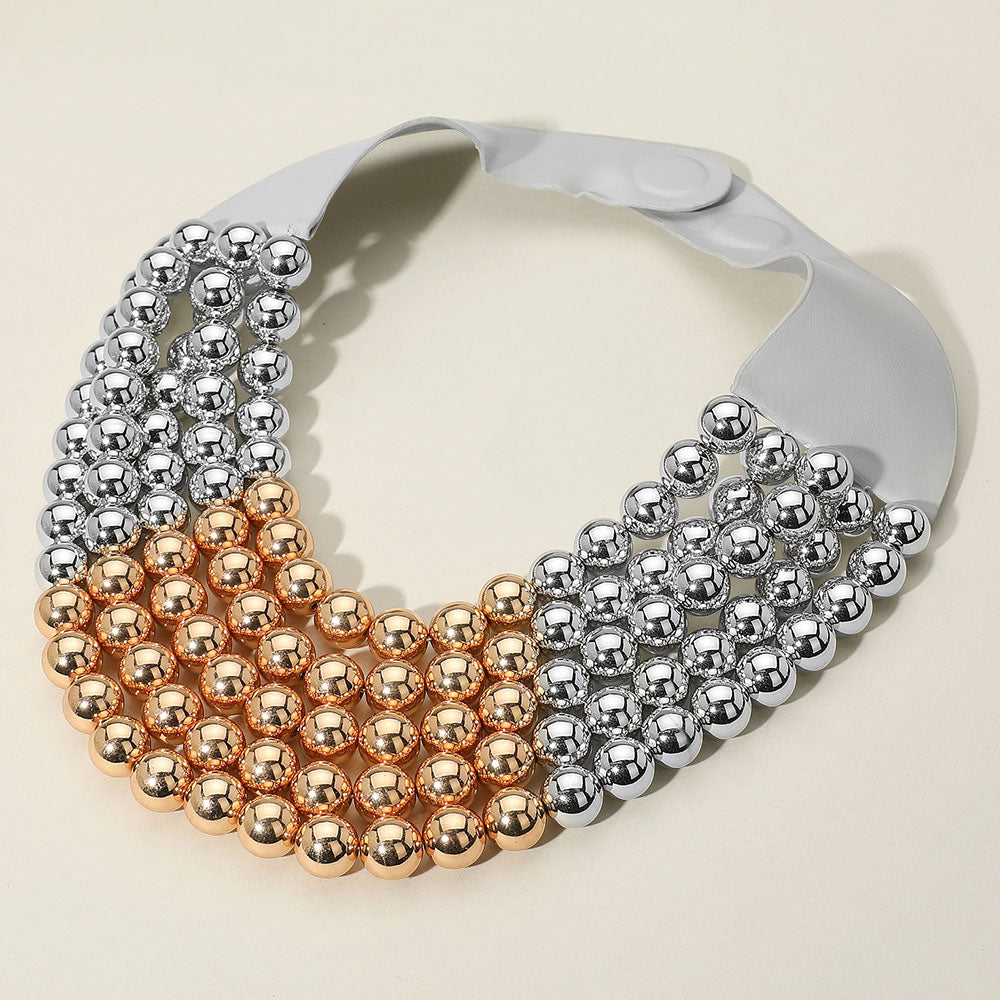 Gold, Rhodium, Two Tone Chunky Two Tone Metal Ball Beaded Multi Layered Faux Leather Magnetic Necklace