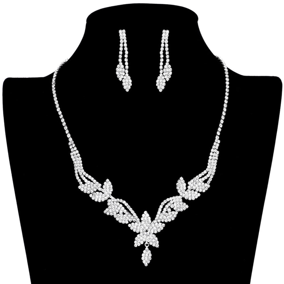 clear silver Flower Accented Rhinestone Pave Necklace Earring Set will be sure to add an air of timeless elegance, wear it with your favorite evening attire for an unbeatable combo of glitz and glamour Perfect Birthday Gift, Christmas Gift, Anniversary Gift, Prom, Valentine's Day Gift, Regalo Cumpleanos, Aniversario, Regalo Navidad