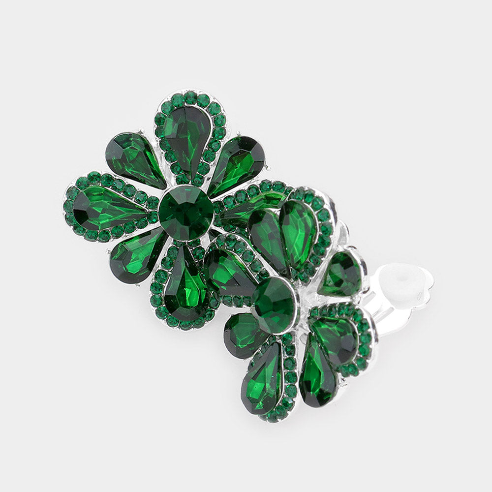 Emerald, Silver Clover Glass Stone Cluster Clip On Earrings