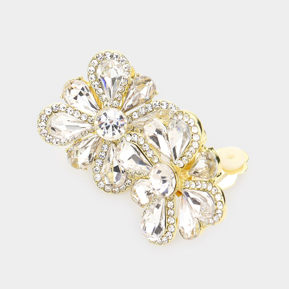 Gold Clover Glass Stone Cluster Clip On Earrings