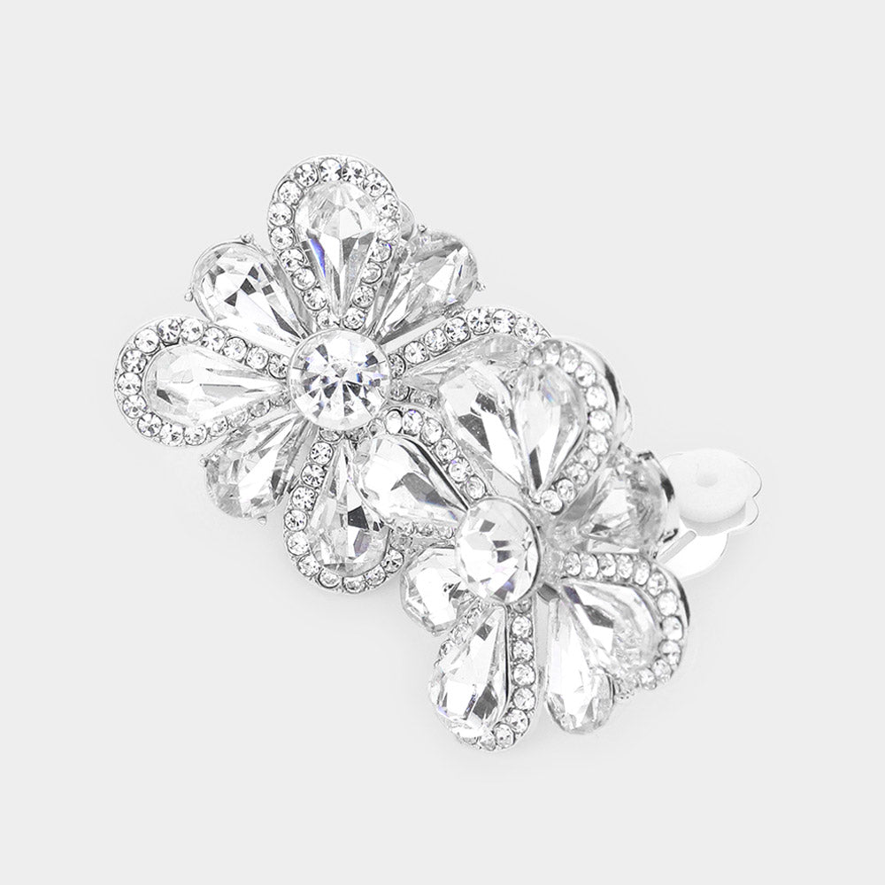 Silver Clover Glass Stone Cluster Clip On Earrings