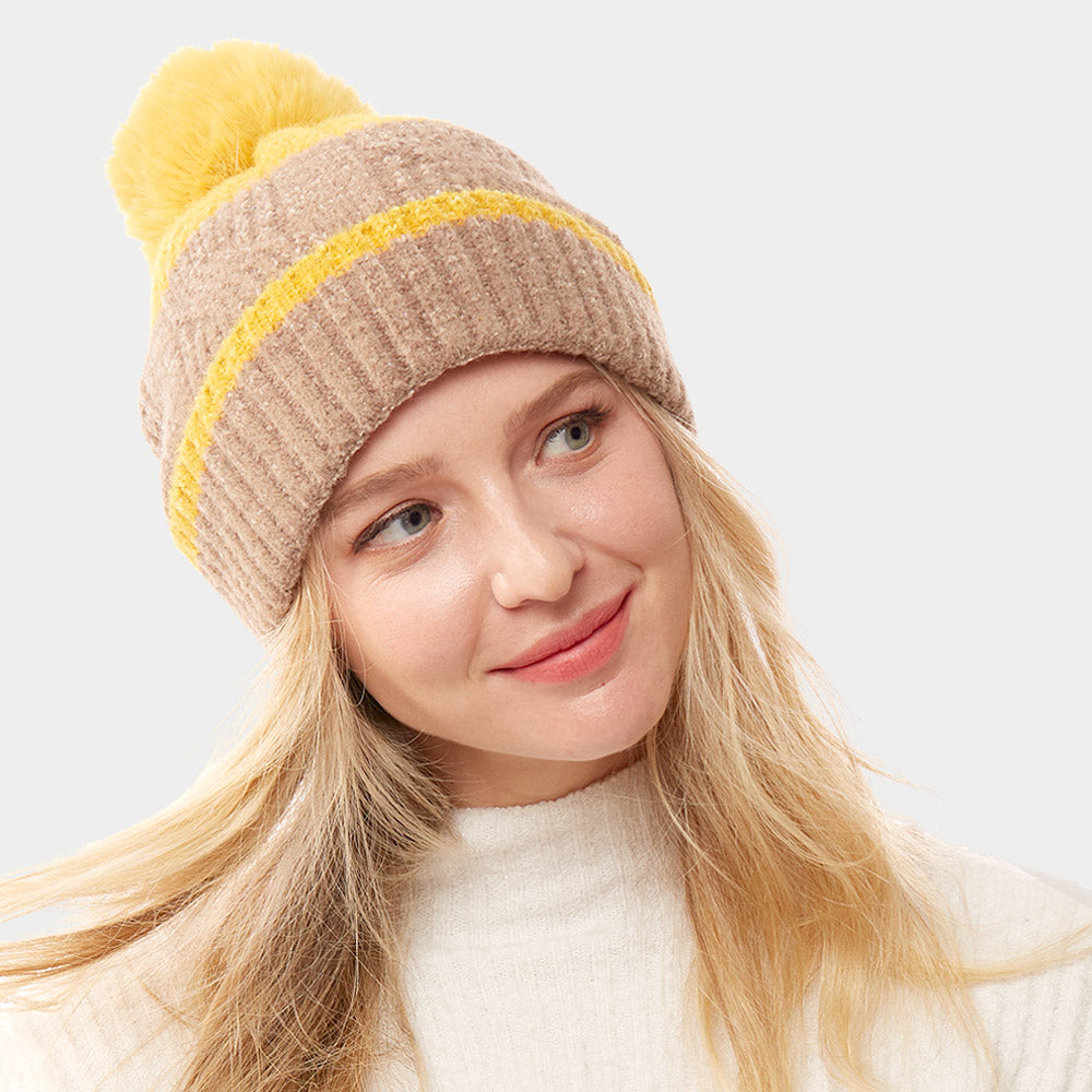 Mustard Colorful Lurex Accented Two Tone Knit Pom Pom Beanie Hat