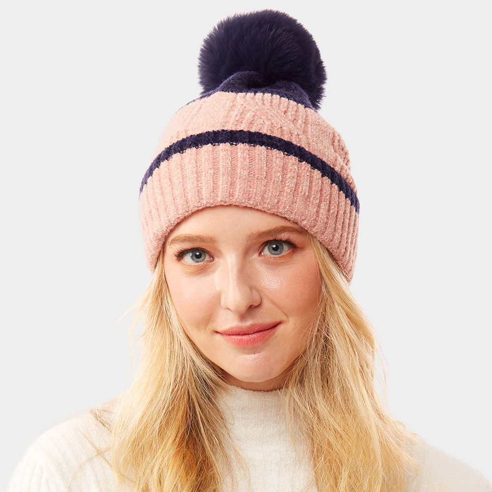 Navy Colorful Lurex Accented Two Tone Knit Pom Pom Beanie Hat