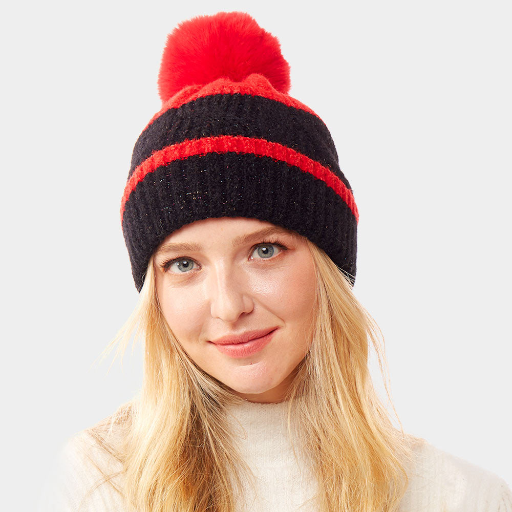 Red Colorful Lurex Accented Two Tone Knit Pom Pom Beanie Hat