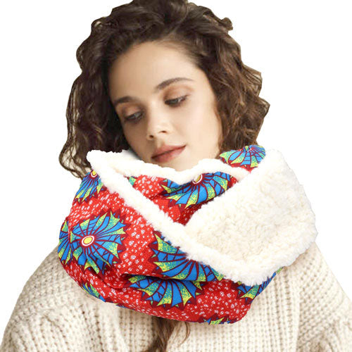 Brown Colorful Pattern Soft Sherpa Infinity Scarf, delicate, warm, on trend & fabulous, a luxe addition to any cold-weather ensemble. Great for daily wear in the cold winter to protect you against chill, classic infinity-style scarf & amps up the glamour with plush material that feels amazing snuggled up against your cheeks.