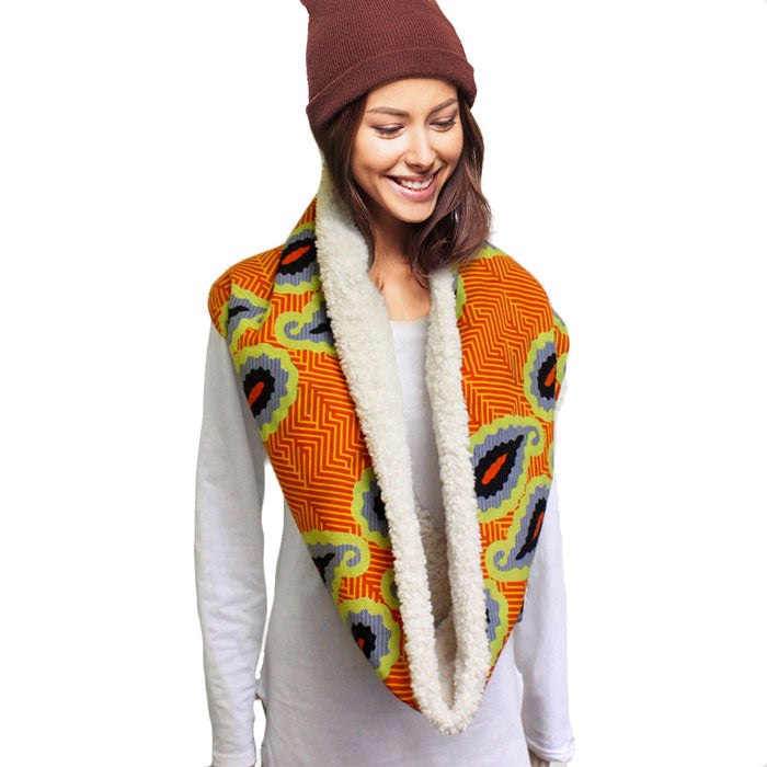 Orange Colorful Pattern Soft Sherpa Infinity Scarf, delicate, warm, on trend & fabulous, a luxe addition to any cold-weather ensemble. Great for daily wear in the cold winter to protect you against chill, classic infinity-style scarf & amps up the glamour with plush material that feels amazing snuggled up against your cheeks.
