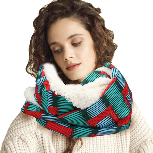 Red Colorful Pattern Soft Sherpa Infinity Scarf, delicate, warm, on trend & fabulous, a luxe addition to any cold-weather ensemble. Great for daily wear in the cold winter to protect you against chill, classic infinity-style scarf & amps up the glamour with plush material that feels amazing snuggled up against your cheeks.