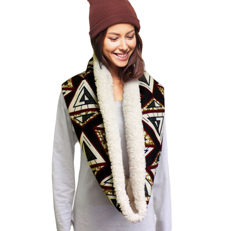 Black Colorful Pattern Soft Sherpa Infinity Scarf, delicate, warm, on trend & fabulous, a luxe addition to any cold-weather ensemble. Great for daily wear in the cold winter to protect you against chill, classic infinity-style scarf & amps up the glamour with plush material that feels amazing snuggled up against your cheeks.