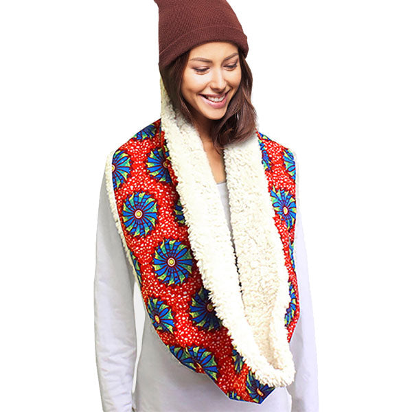 Brown Colorful Pattern Soft Sherpa Infinity Scarf, delicate, warm, on trend & fabulous, a luxe addition to any cold-weather ensemble. Great for daily wear in the cold winter to protect you against chill, classic infinity-style scarf & amps up the glamour with plush material that feels amazing snuggled up against your cheeks.