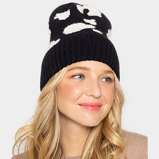 Black Cow Patterned Ribbed Knit Cuff Beanie Hat