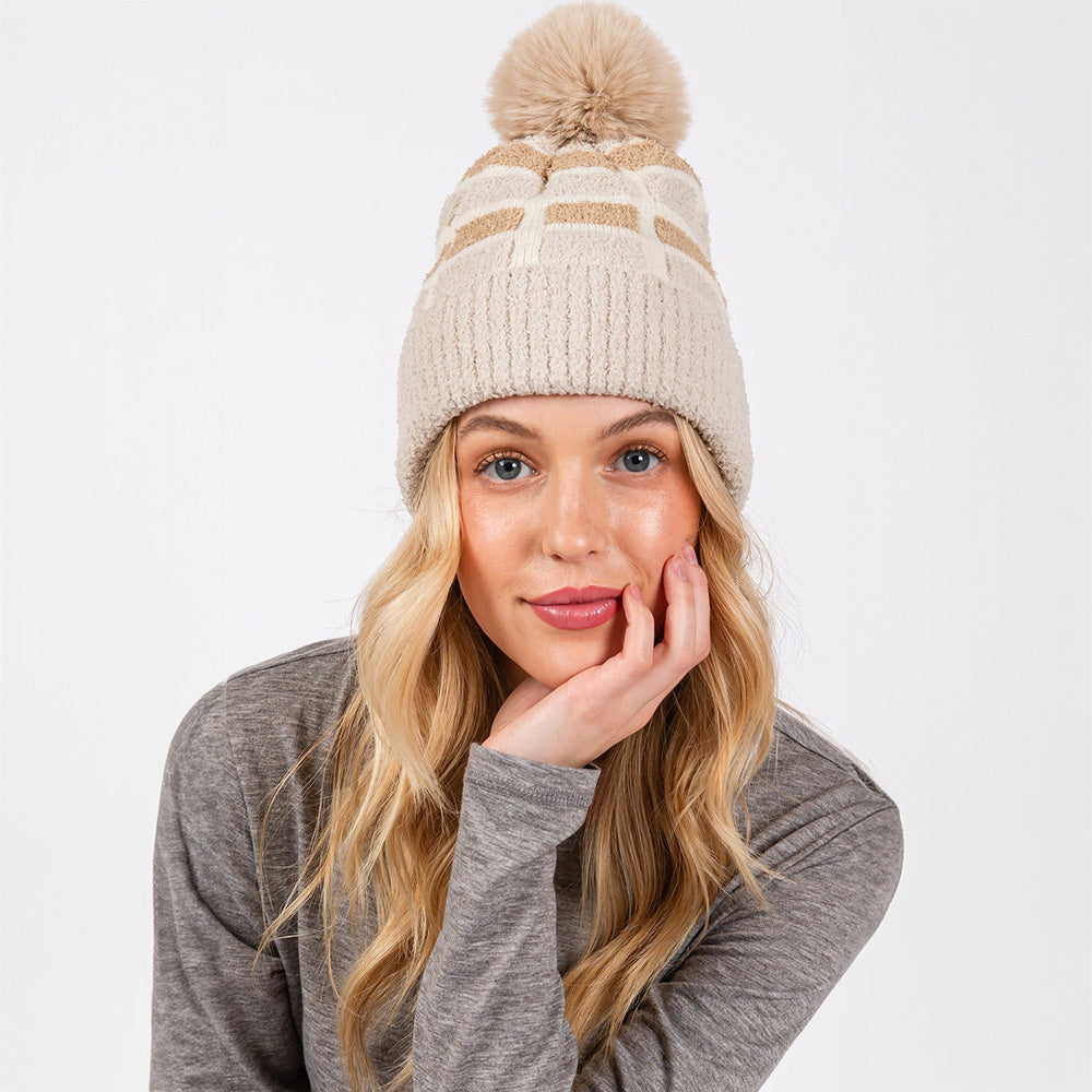 Taupe Cozy Color Blocked Pom Pom Beanie Hat