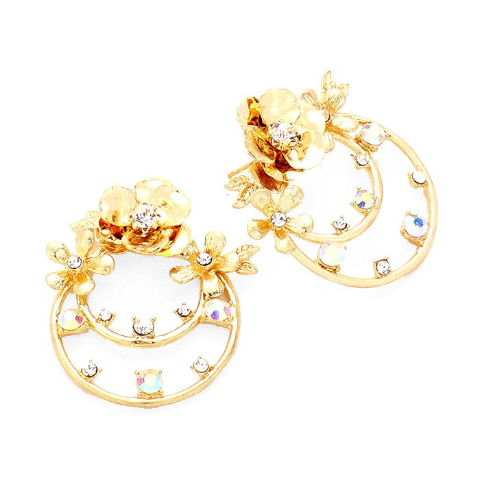 Crystal Embellished Floral Brass Metal Round Dangle Earrings - Silver - Metal with Stone Earrings