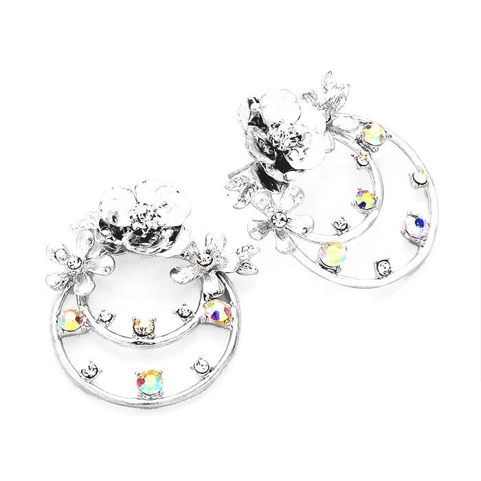 Crystal Embellished Floral Brass Metal Round Dangle Earrings - Silver - Metal with Stone Earrings