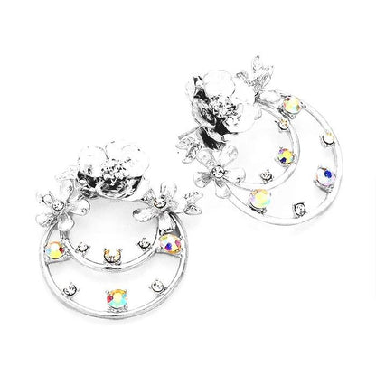 Crystal Embellished Floral Brass Metal Round Dangle Earrings - Silver - Metal with Stone Earrings