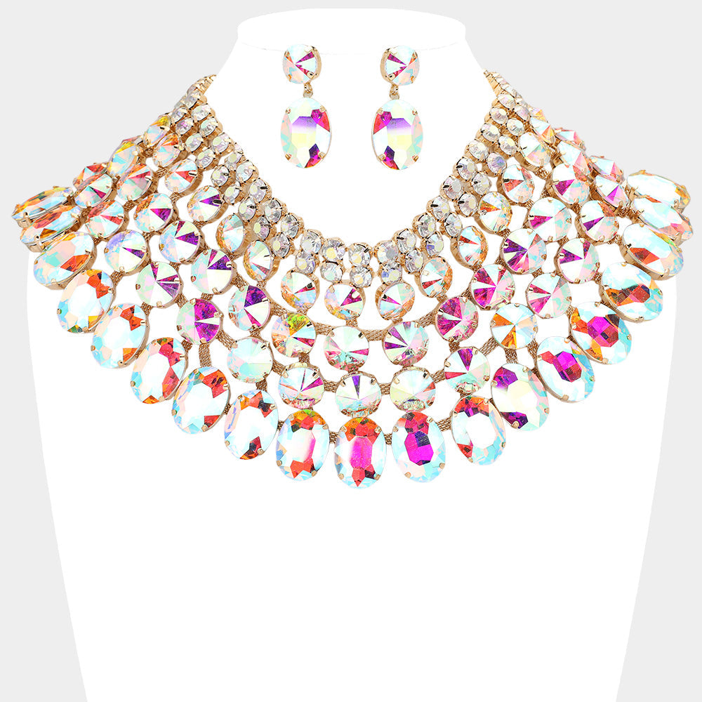 AB, Gold Crystal Glass Bib Statement Necklace