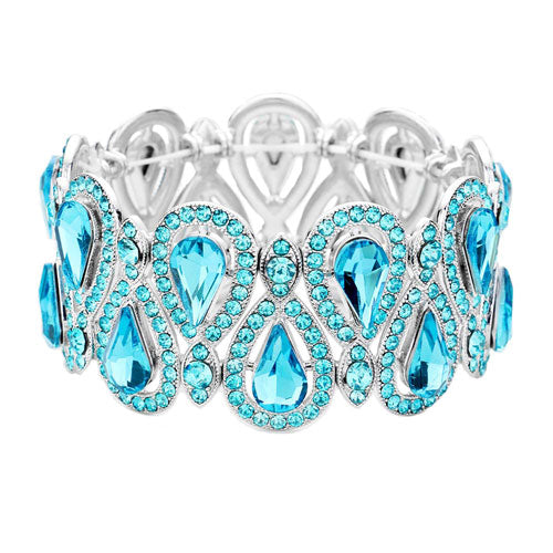 Aqua Silver Crystal Glass Teardrop Evening Stretch Bracelet, Beautifully crafted design adds a gorgeous glow to any outfit. Jewelry that fits your lifestyle! Perfect Birthday Gift, Anniversary Gift, Mother's Day Gift, Anniversary Gift, Graduation Gift, Prom Jewelry, Just Because Gift, Thank you Gift.
