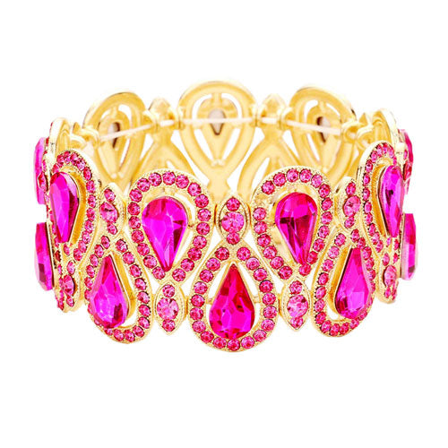 Fuchsia Gold Crystal Glass Teardrop Evening Stretch Bracelet, Beautifully crafted design adds a gorgeous glow to any outfit. Jewelry that fits your lifestyle! Perfect Birthday Gift, Anniversary Gift, Mother's Day Gift, Anniversary Gift, Graduation Gift, Prom Jewelry, Just Because Gift, Thank you Gift.