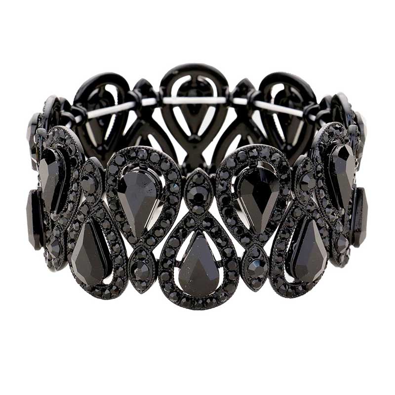 Jet Black Crystal Glass Teardrop Evening Stretch Bracelet, Beautifully crafted design adds a gorgeous glow to any outfit. Jewelry that fits your lifestyle! Perfect Birthday Gift, Anniversary Gift, Mother's Day Gift, Anniversary Gift, Graduation Gift, Prom Jewelry, Just Because Gift, Thank you Gift.