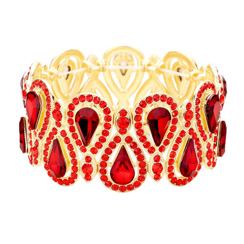 Gold Red Crystal Glass Teardrop Evening Stretch Bracelet, Beautifully crafted design adds a gorgeous glow to any outfit. Jewelry that fits your lifestyle! Perfect Birthday Gift, Anniversary Gift, Mother's Day Gift, Anniversary Gift, Graduation Gift, Prom Jewelry, Just Because Gift, Thank you Gift.