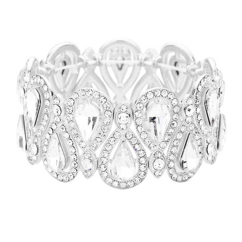 Silver Crystal Glass Teardrop Evening Stretch Bracelet, Beautifully crafted design adds a gorgeous glow to any outfit. Jewelry that fits your lifestyle! Perfect Birthday Gift, Anniversary Gift, Mother's Day Gift, Anniversary Gift, Graduation Gift, Prom Jewelry, Just Because Gift, Thank you Gift.