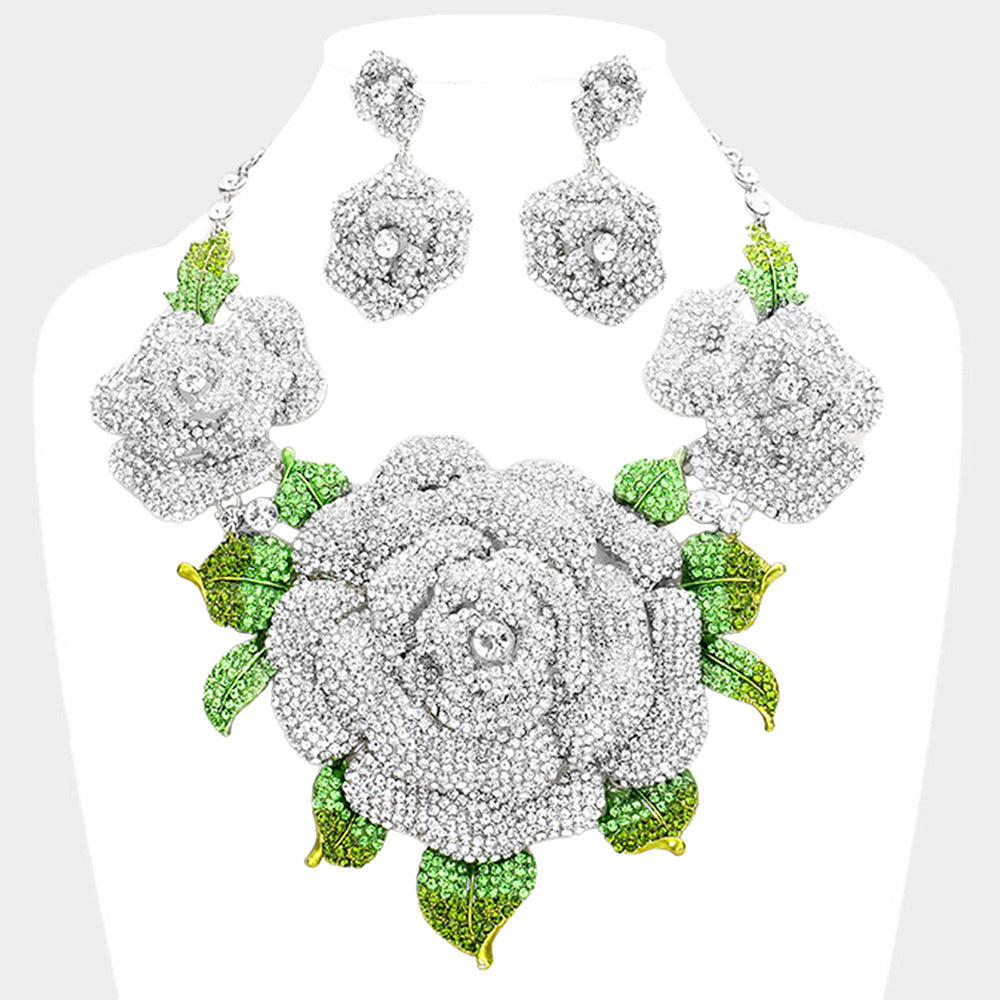 Clear, Rhodium Crystal Pave Rose Flower Accented Evening Necklace