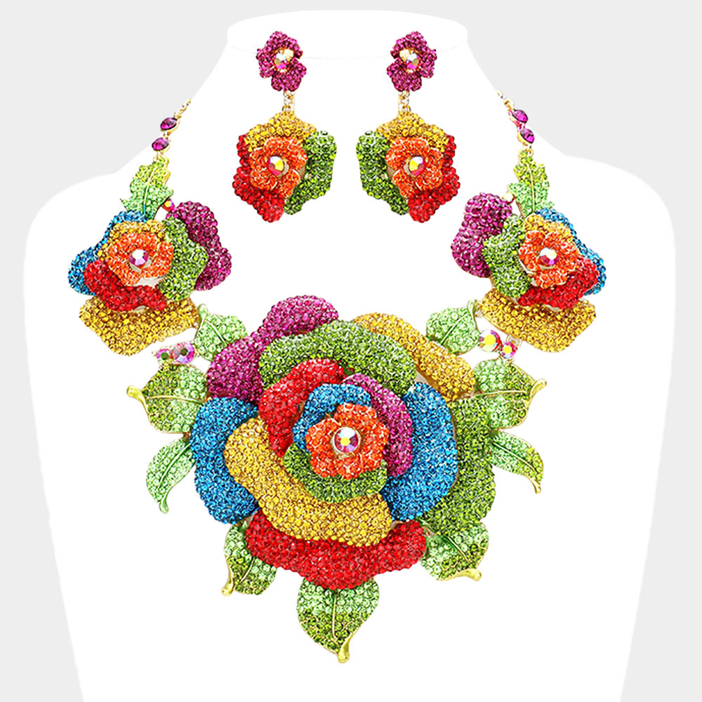 Gold, Multi Crystal Pave Rose Flower Accented Evening Necklace