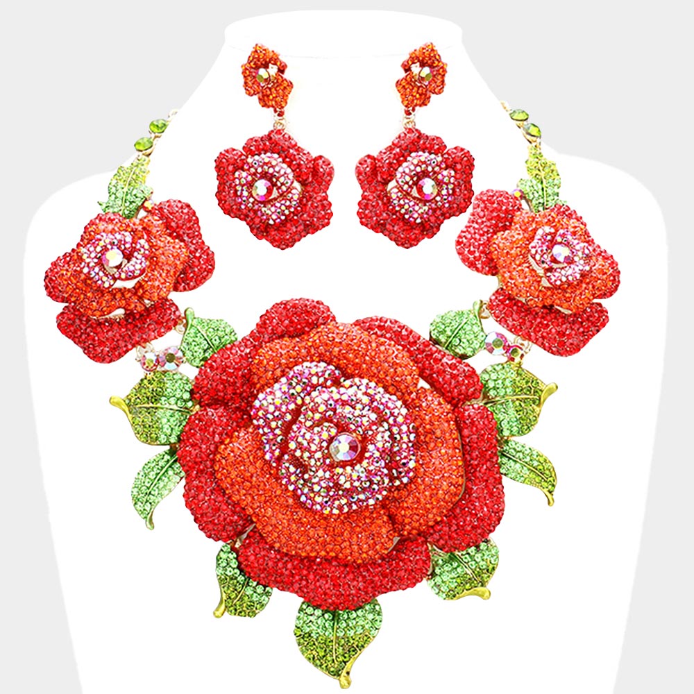 Gold, Red Crystal Pave Rose Flower Accented Evening Necklace