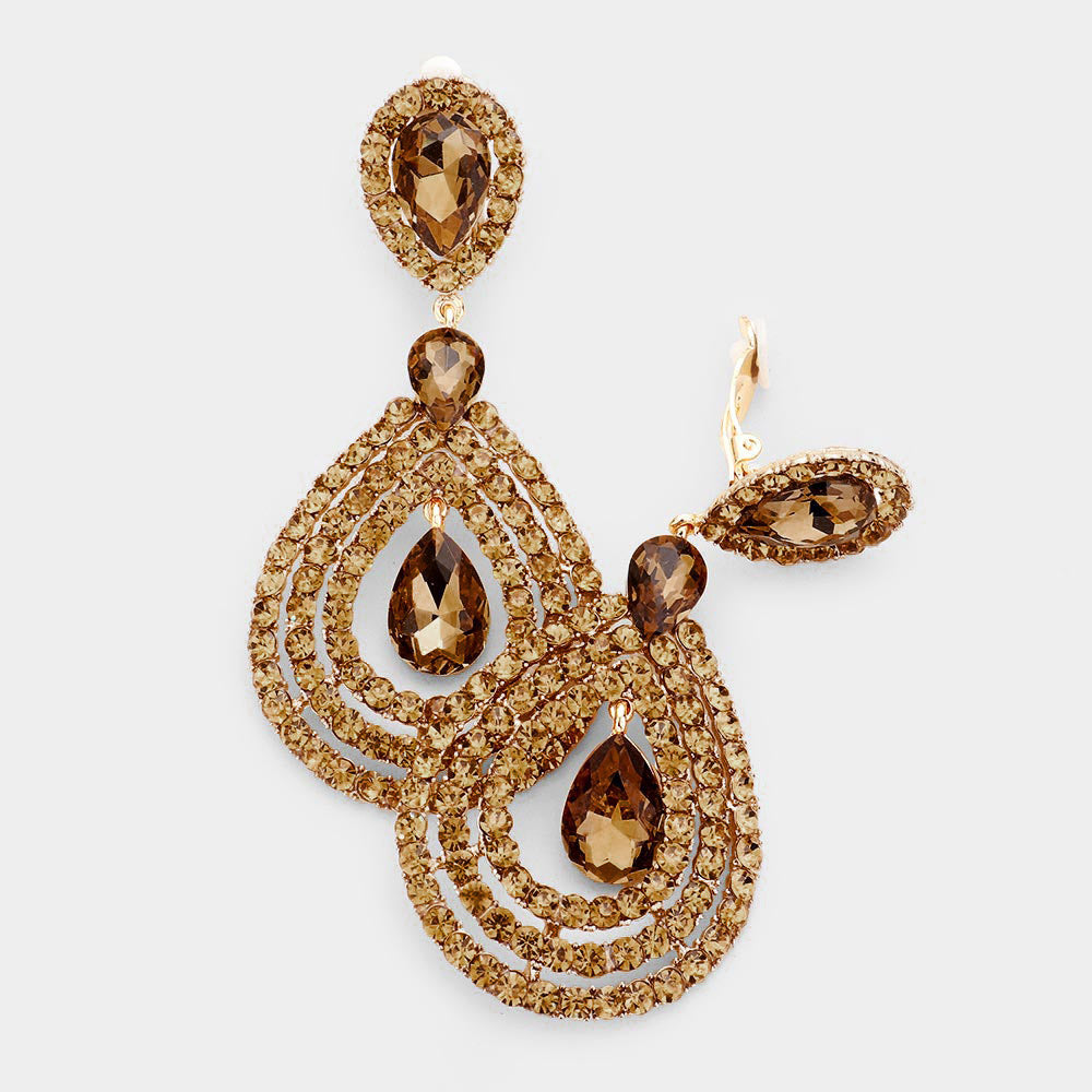 Brown Crystal Pave Trimmed Teardrop Clip On Earrings