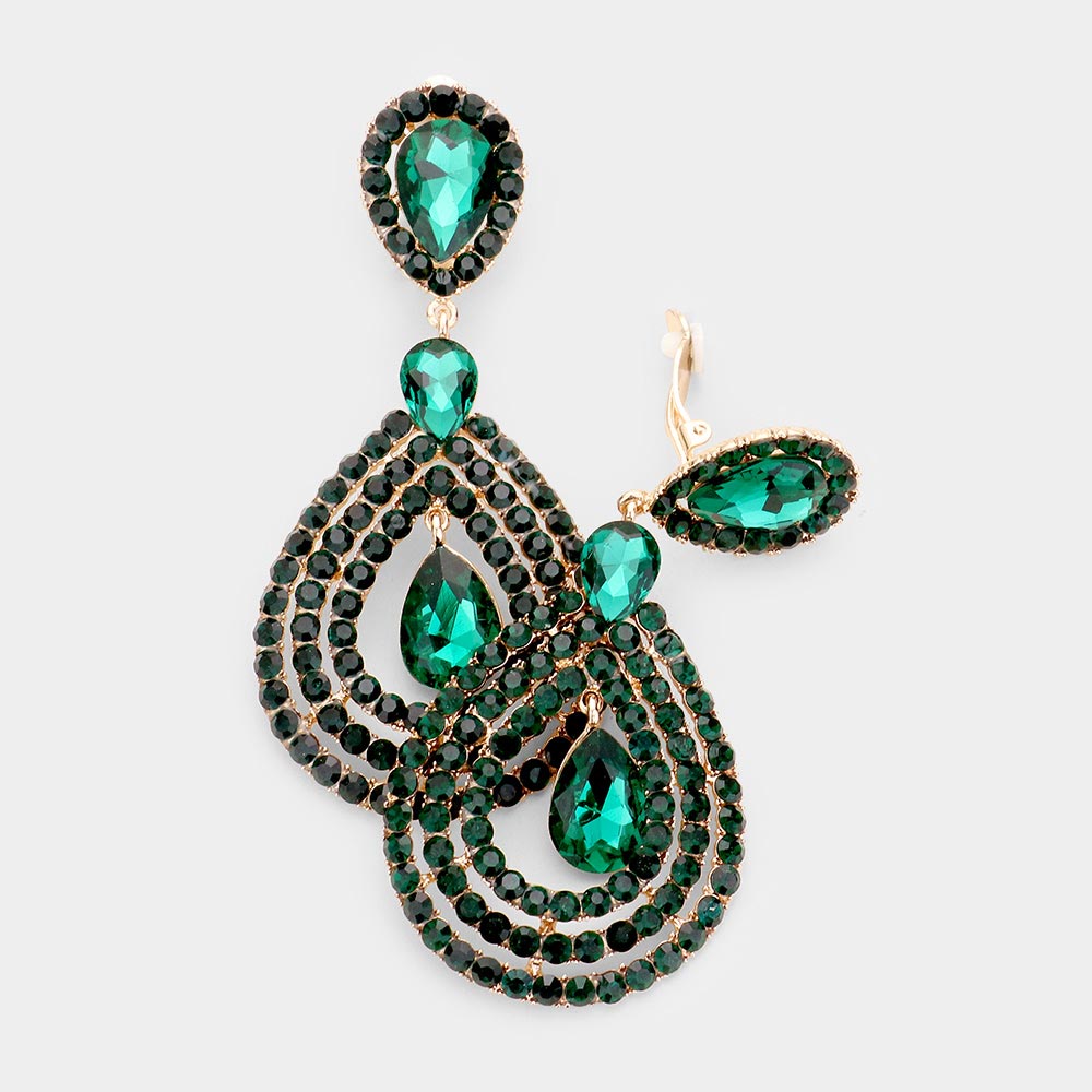 Green Crystal Pave Trimmed Teardrop Clip On Earrings