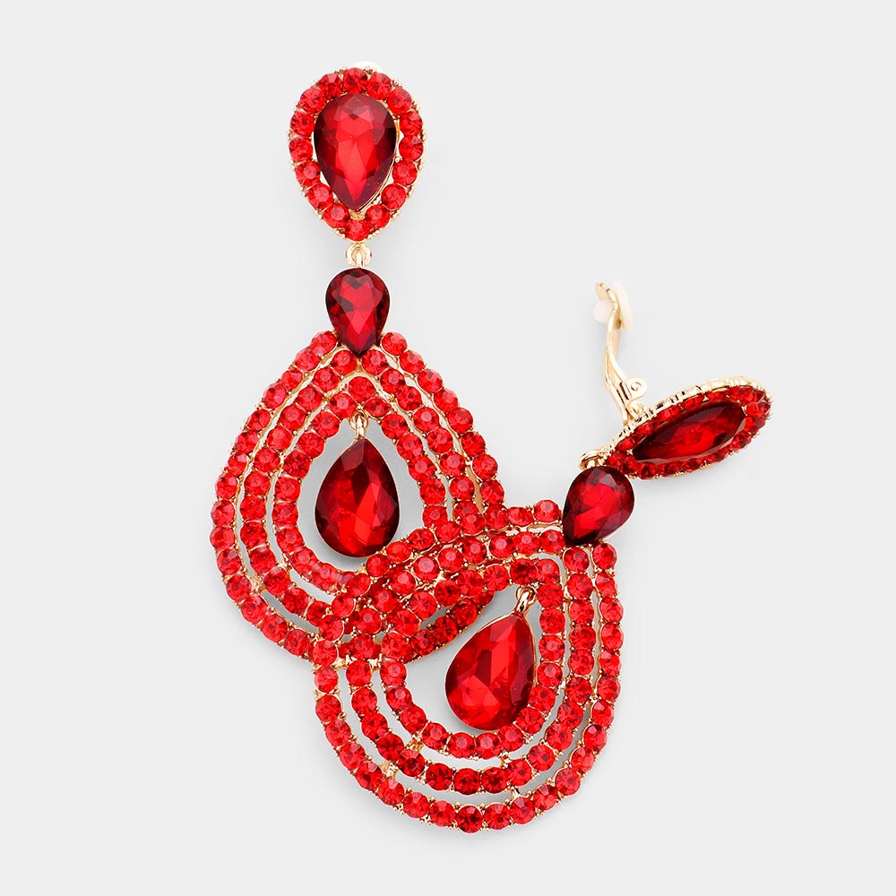 Red Crystal Pave Trimmed Teardrop Clip On Earrings