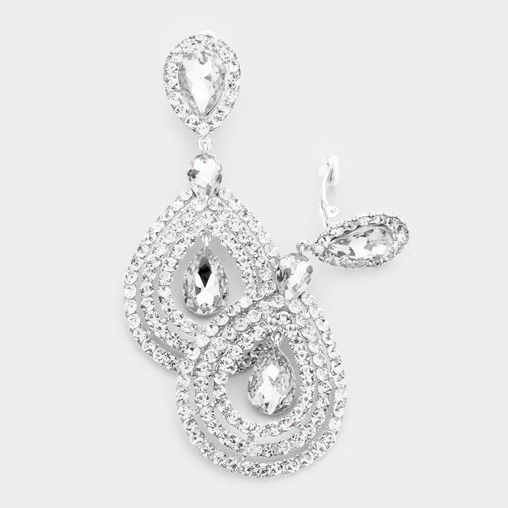 Rhodium Crystal Pave Trimmed Teardrop Clip On Earrings