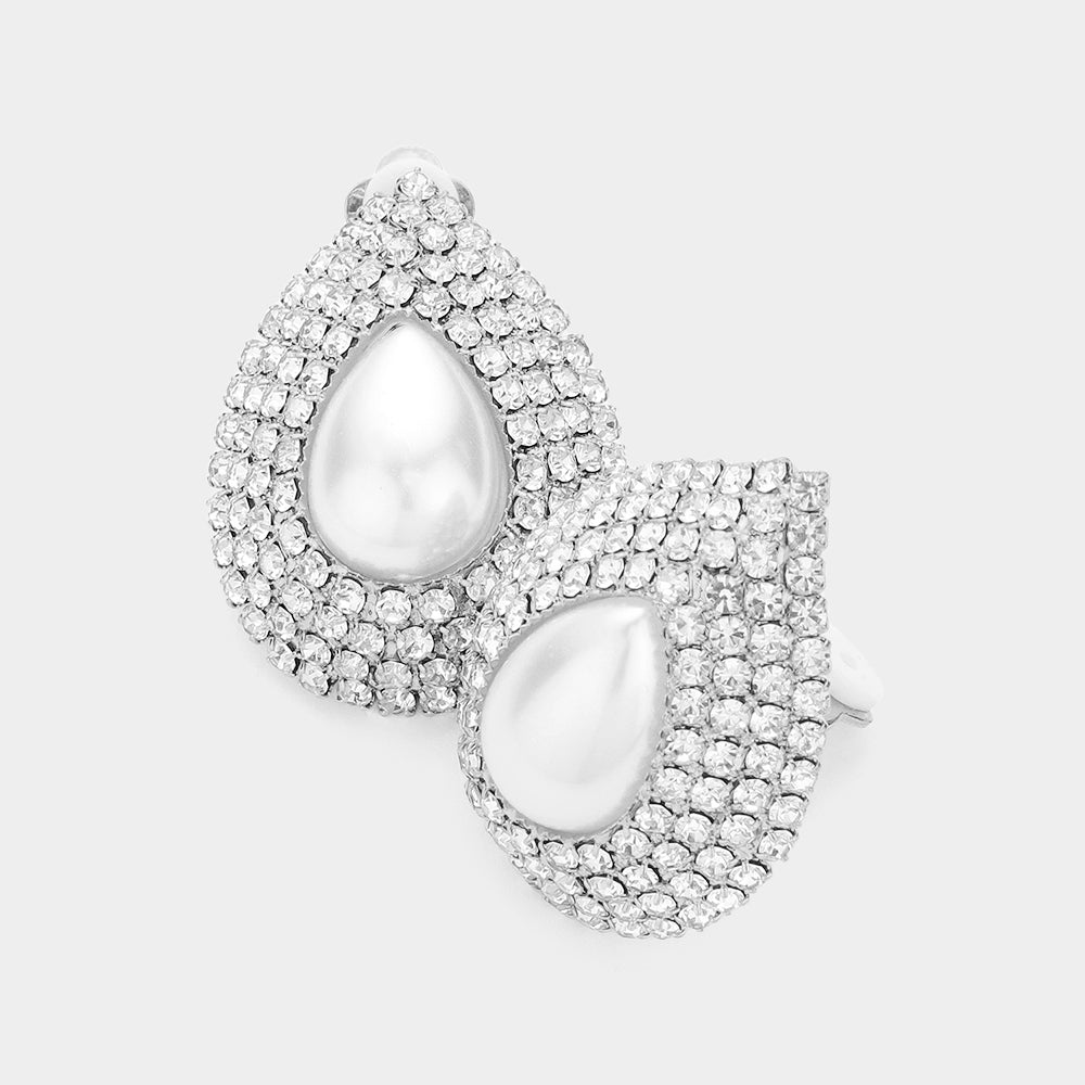 Silver, White Crystal pearl teardrop clip on earrings