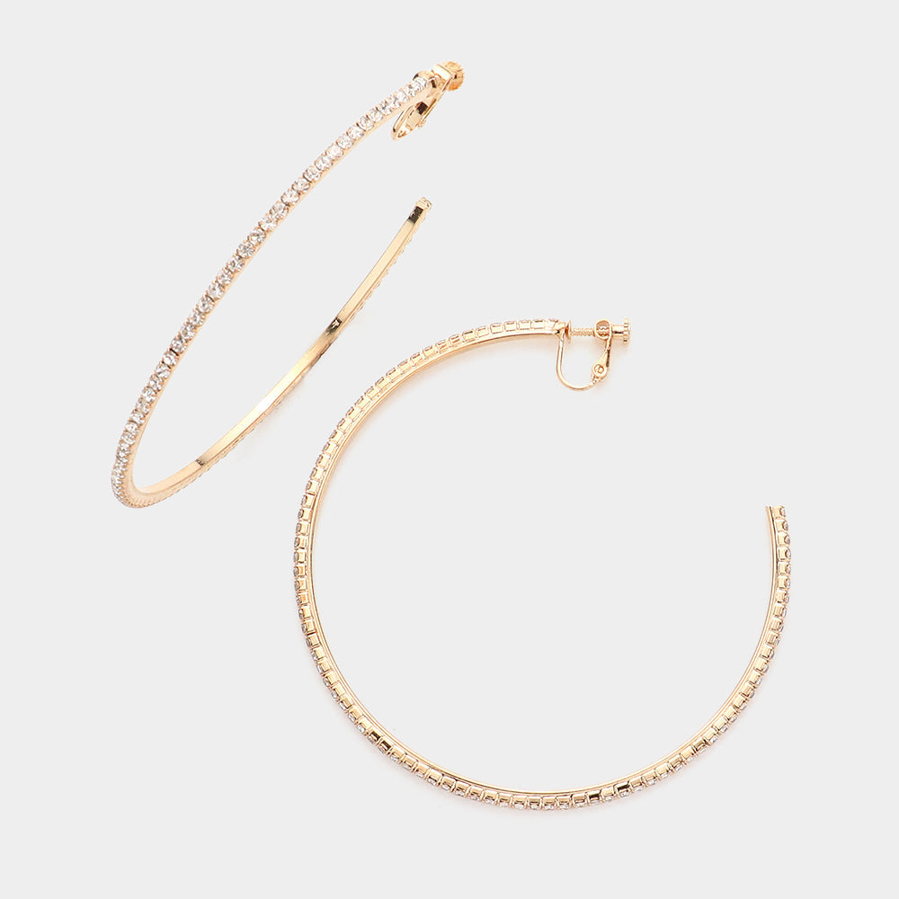 Gold Crystal Rhinestone 3.3 Inch Hoop Clip on Earrings