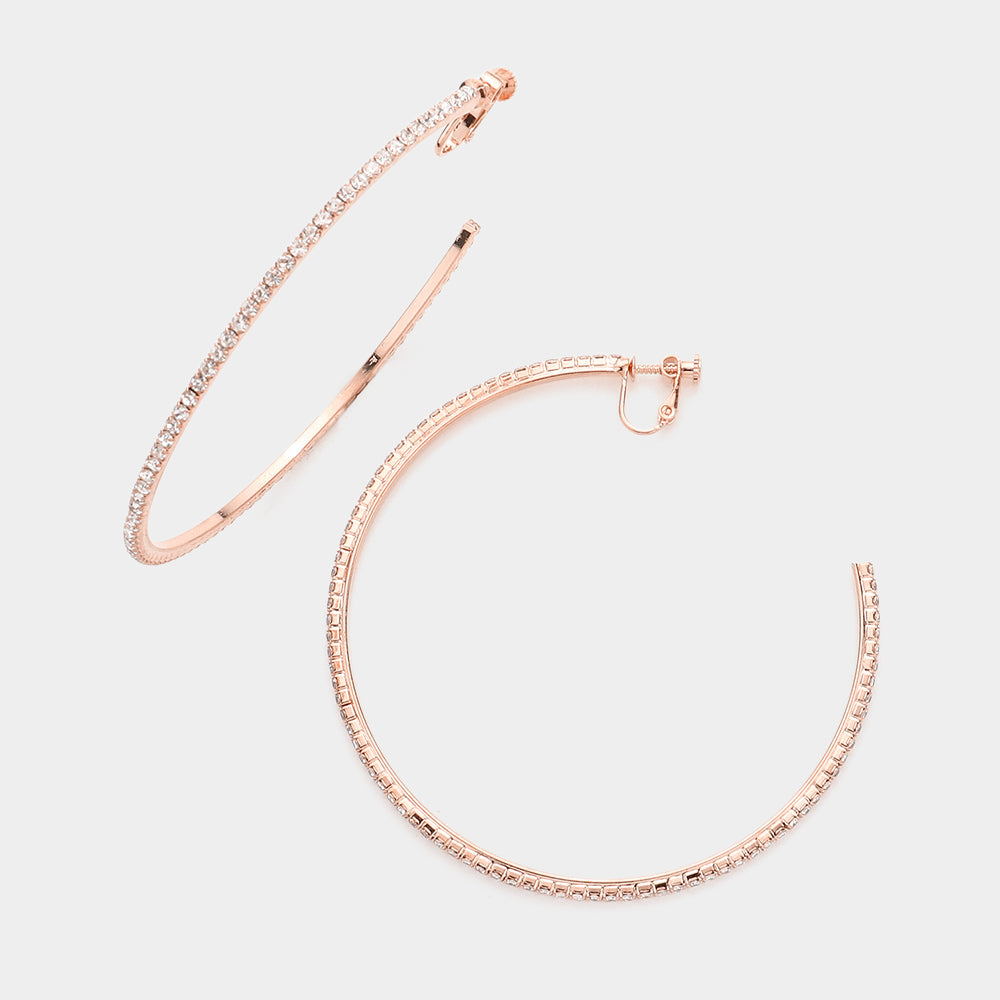 Rose Gold Crystal Rhinestone 3.3 Inch Hoop Clip on Earrings