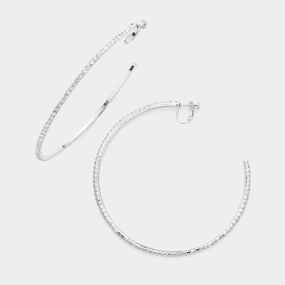 Silver Crystal Rhinestone 3.3 Inch Hoop Clip on Earrings
