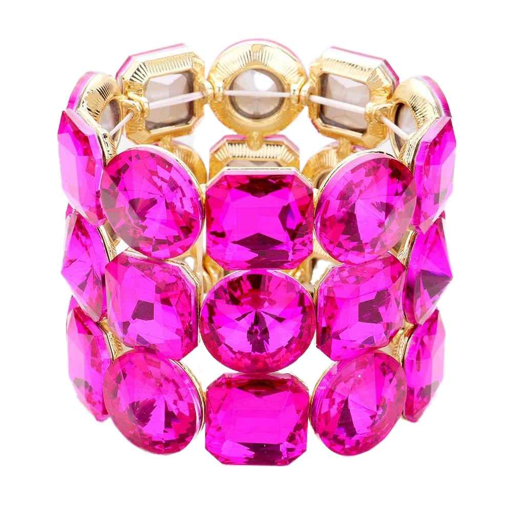 Fuchsia Crystal Rhinestone Round Stretch Bracelet exquisite, sparkling, dare to dazzle with this bejeweled bracelet, just the right fit for outfit from T-shirt to a cocktail Dress. Ideal piece for any special occasion, wedding, prom, night out. Perfect Birthday Gift, Valentine's day Gift, Mother's Day Gift, Love you Gift