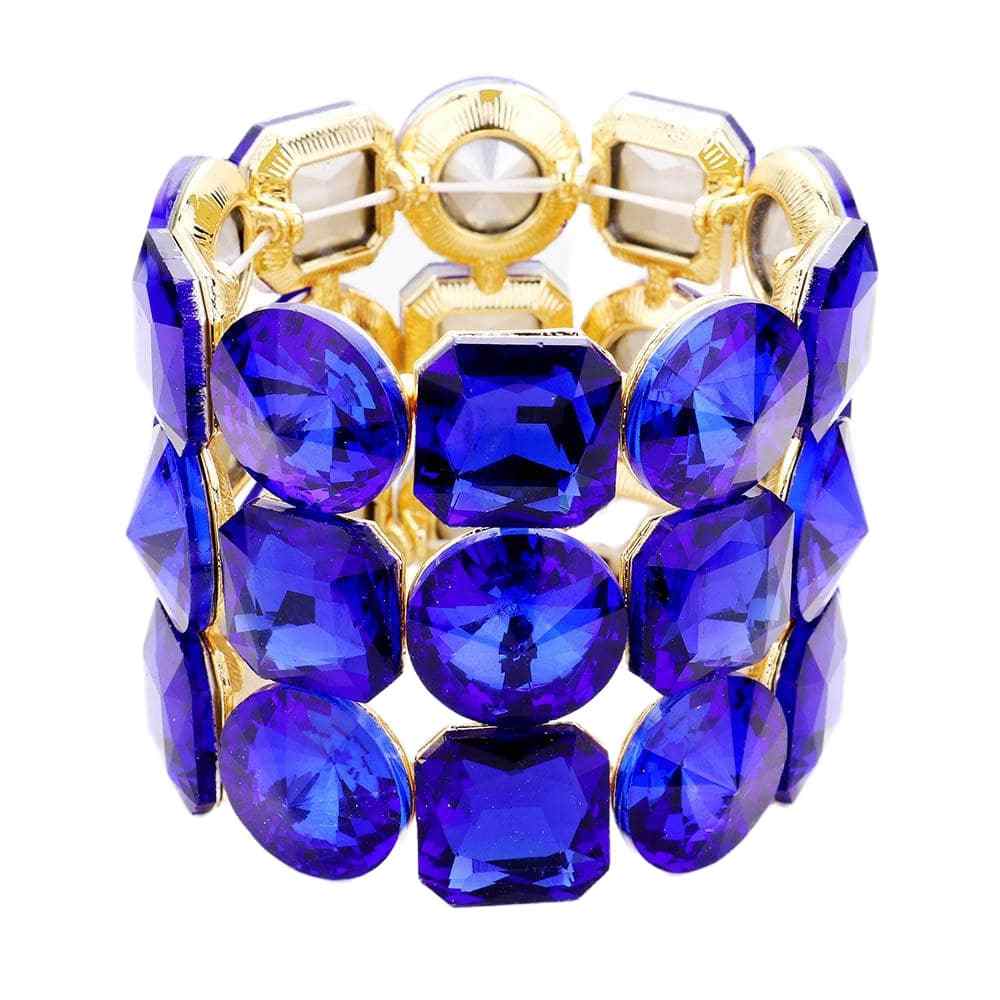 Gold Sapphire Crystal Rhinestone Round Stretch Bracelet exquisite, sparkling, dare to dazzle with this bejeweled bracelet, just the right fit for outfit from T-shirt to a cocktail Dress. Ideal piece for any special occasion, wedding, prom, night out. Perfect Birthday Gift, Valentine's day Gift, Mother's Day Gift, Love you Gift