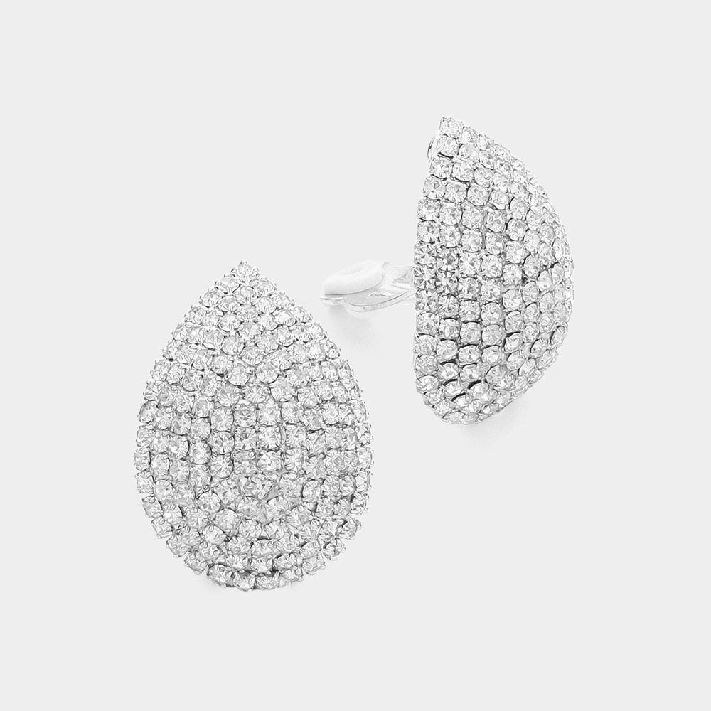Clear, Silver Crystal Rhinestone Teardrop Dome Clip On Earrings