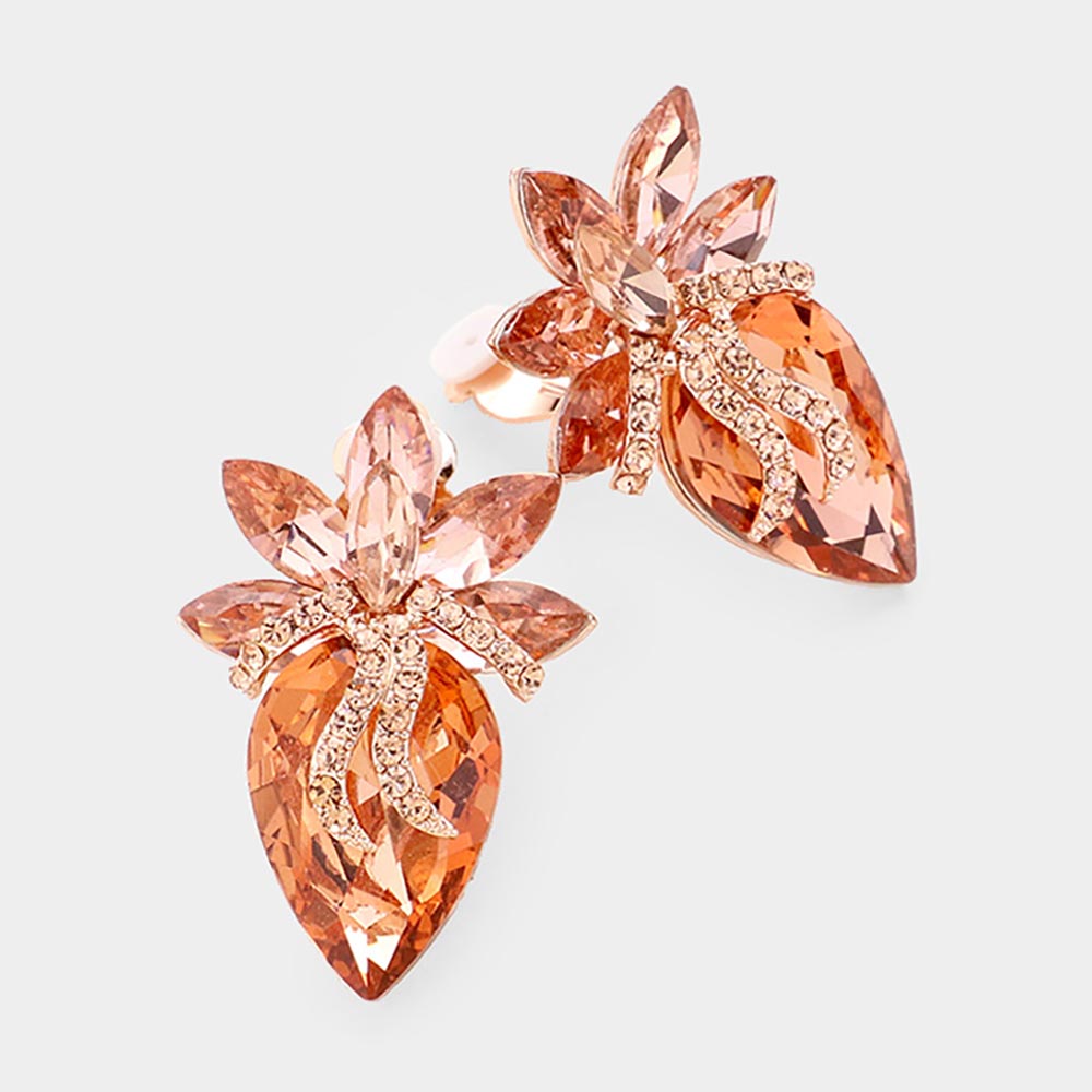 Peach, Rose Gold Crystal Teardrop Accented Clip On Earrings